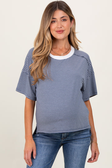 Light Navy Striped Drop Shoulder Short Sleeve Maternity Top