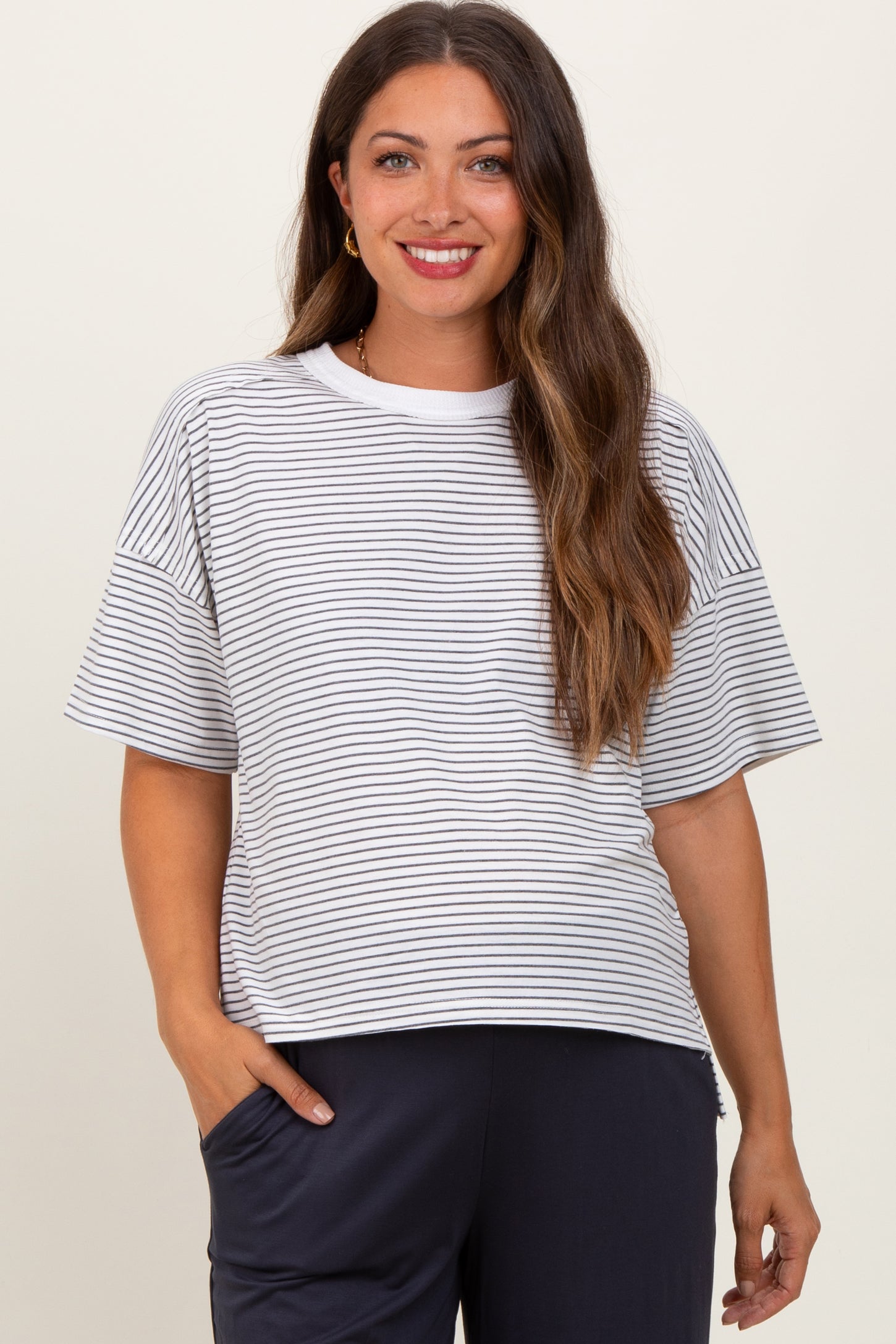 Heather Grey Striped Drop Shoulder Short Sleeve Maternity Top