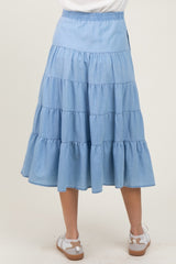 Light Blue Tiered Elastic Maternity Midi Skirt