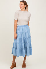 Light Blue Tiered Elastic Midi Skirt