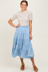 Light Blue Tiered Elastic Midi Skirt