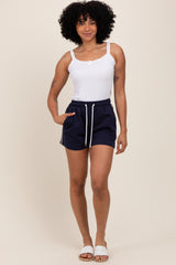 Navy Drawstring Chevron Embroidered Maternity Shorts