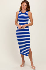 Royal Blue Striped Knit Sleeveless Side Slit Midi Dress