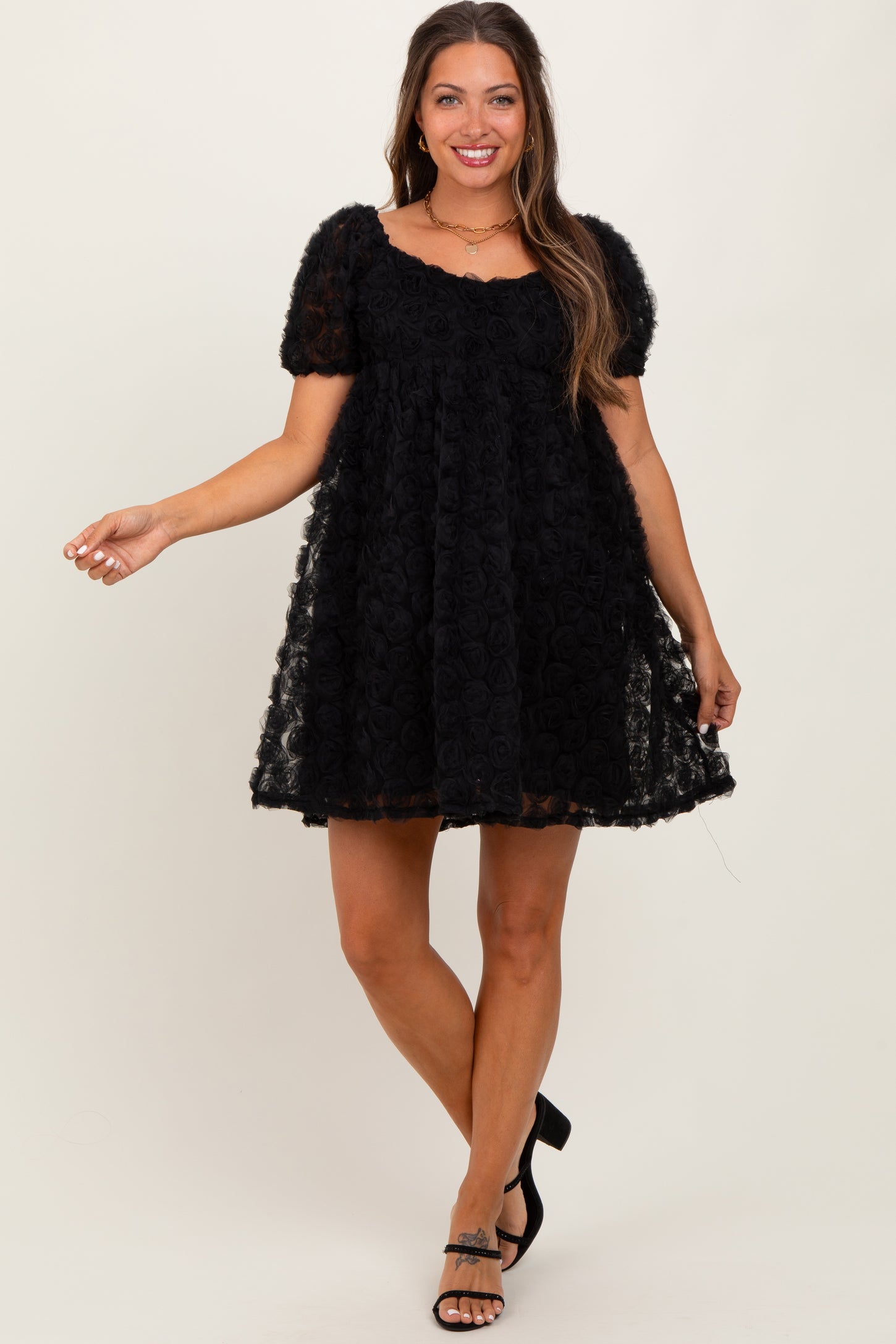 Black Floral Applique Overlay Maternity Dress