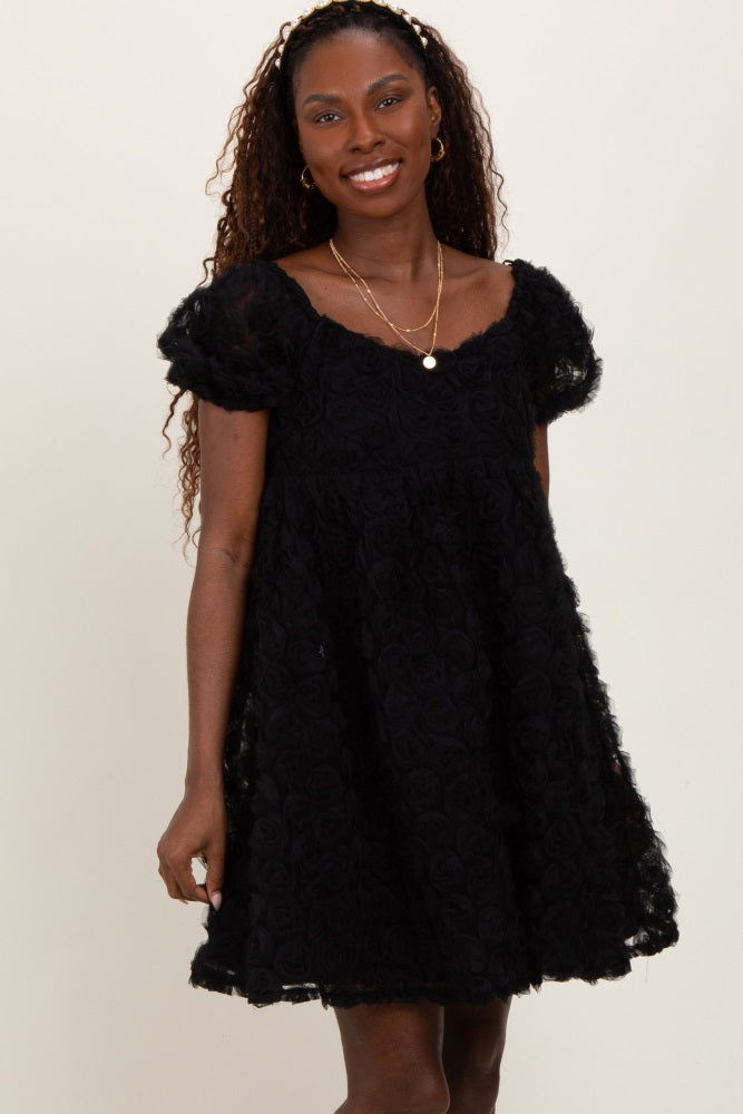 Black Floral Applique Overlay Dress