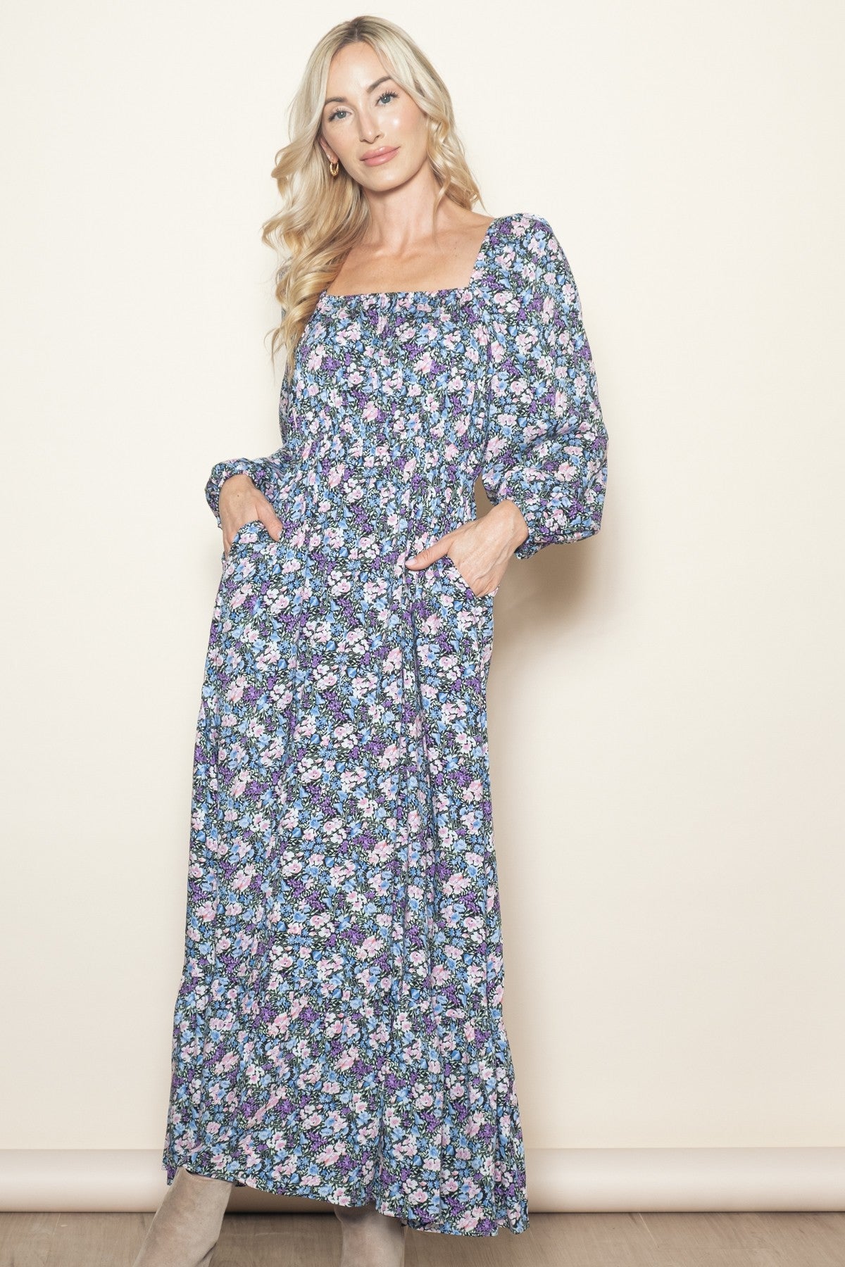Blue Floral Reversible Long Sleeve Maternity Maxi Dress