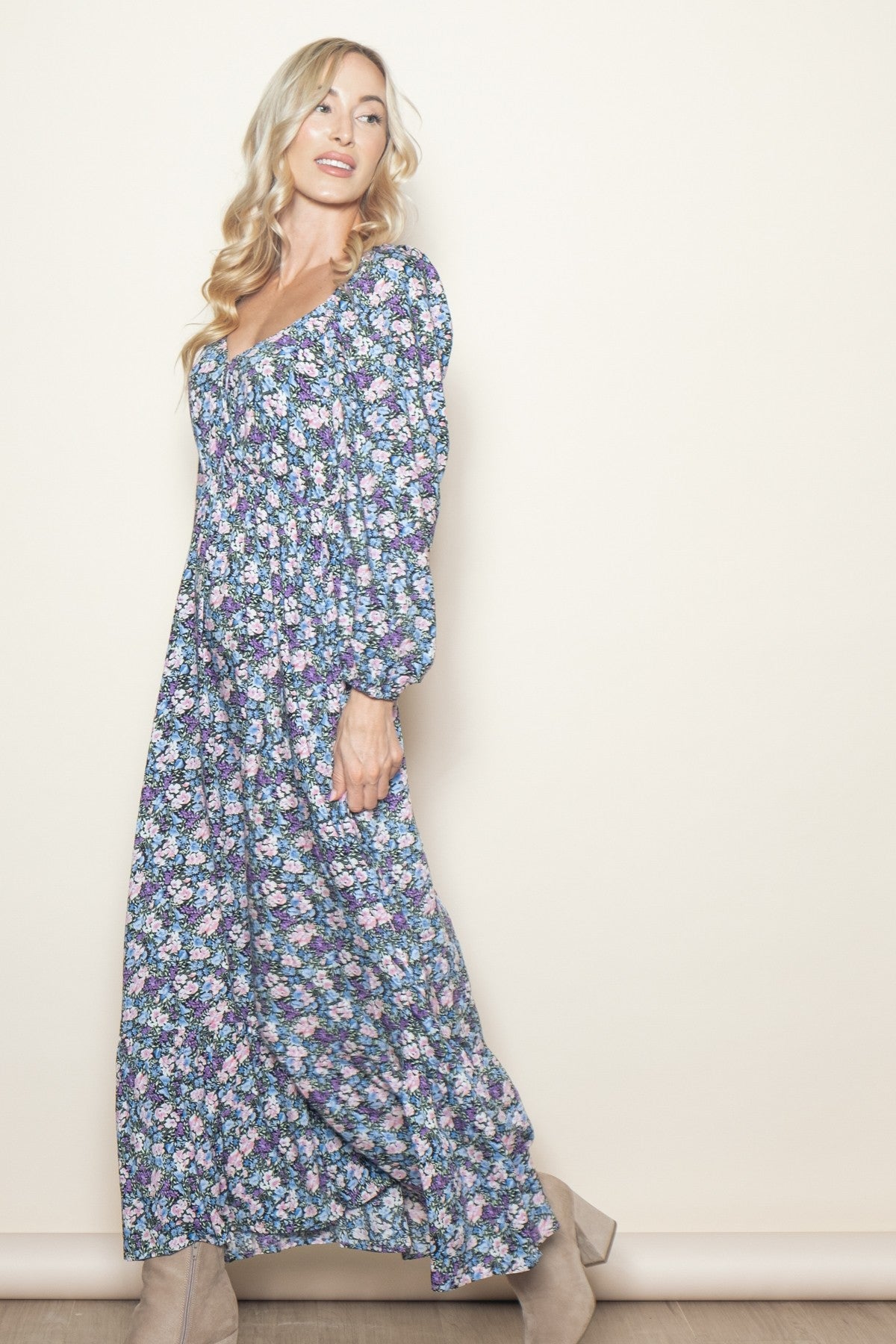 Blue Floral Reversible Long Sleeve Maxi Dress