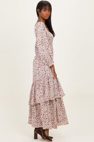 Cream Floral Asymmetrical Ruffle Hem Maxi Dress