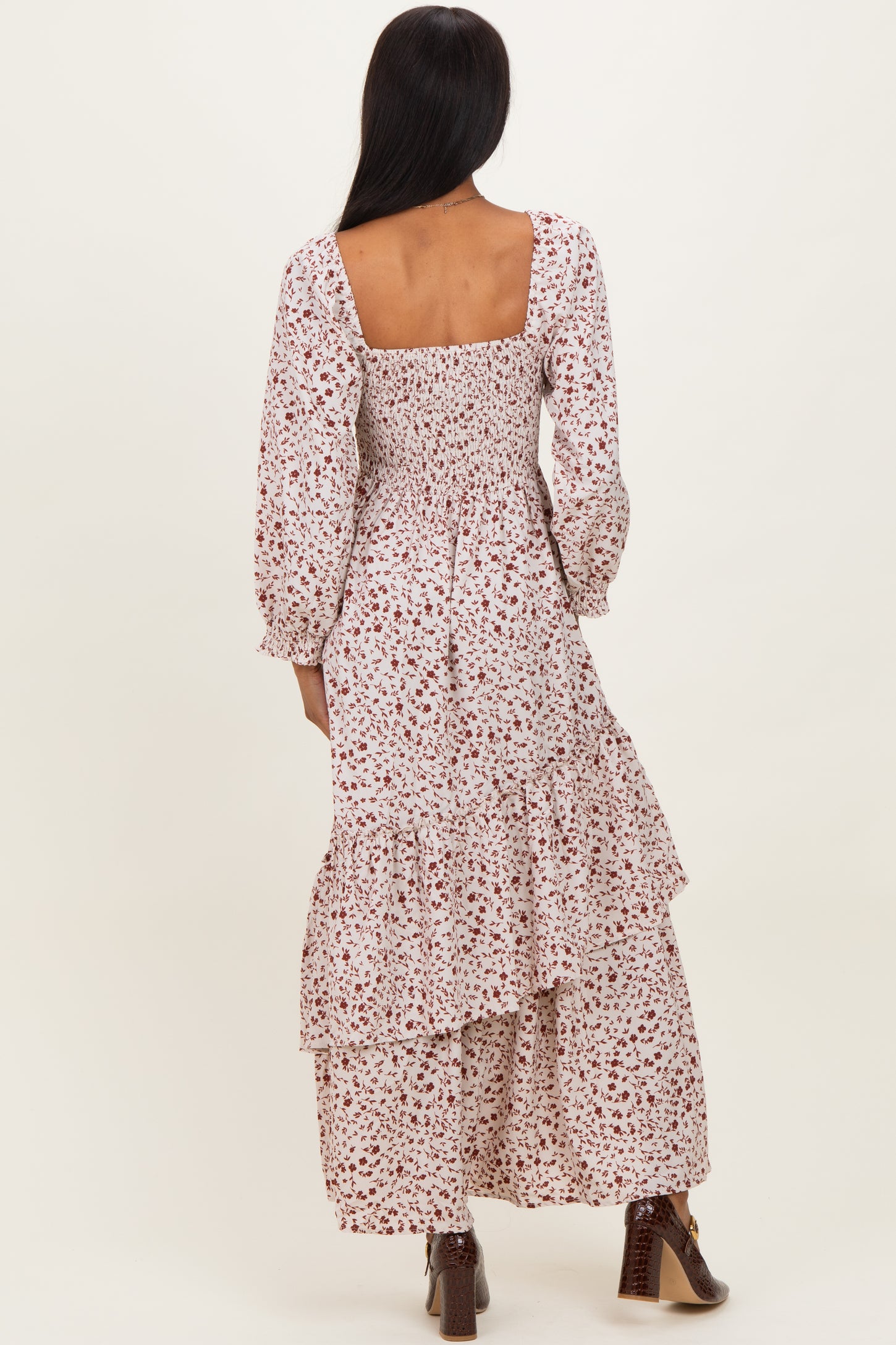 Cream Floral Asymmetrical Ruffle Hem Maxi Dress