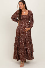 Brown Floral Asymmetrical Ruffle Hem Maternity Maxi Dress
