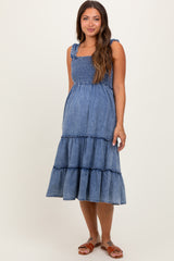 Blue Chambray Smocked Ruffle Tiered Maternity Midi Dress