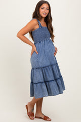 Blue Chambray Smocked Ruffle Tiered Maternity Midi Dress