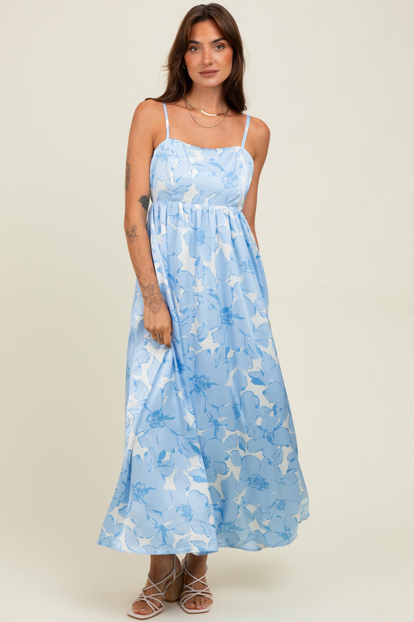Light Blue Floral Sleeveless Maternity Maxi Dress