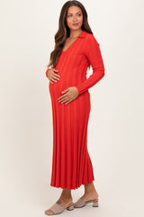 Red Wide Ribbed Knit Collared Maternity Midi Dress