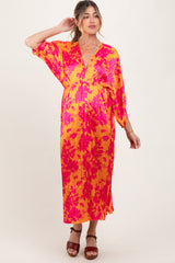 Orange Floral Satin Pleated V-Neck Maternity Maxi Dress