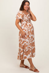 Mocha Floral Smocked Triple Front Tie Maternity Midi Dress