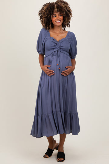 Blue Smocked Cinched Front Maternity Maxi Dress