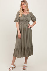Olive Smocked Cinched Front Maxi Dress