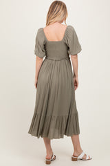 Olive Smocked Cinched Front Maxi Dress