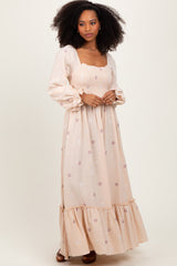 Cream Long Sleeve Floral Accent Maternity Dress