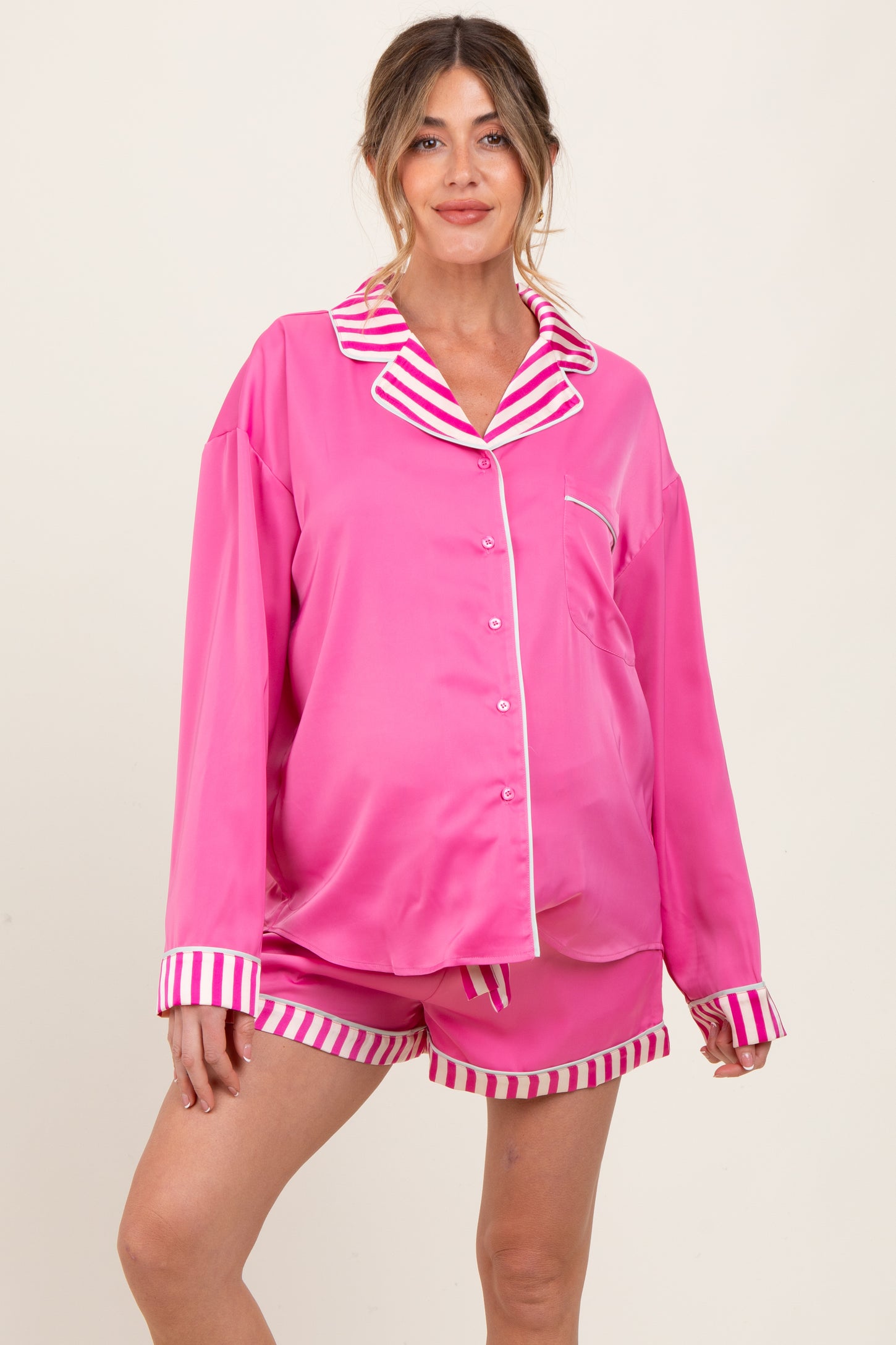 Fuchsia Satin Contrast Stripe Pajama Short Maternity Set