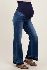Blue Distressed Release Hem Flare Maternity Jeans