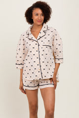 Cream Bow Print Gingham Pajama Short Set