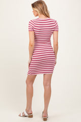 Burgundy Striped Ribbed Split Hem Maternity Mini Dress