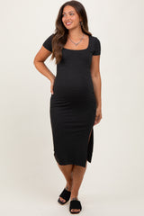 Charcoal Ribbed Short Sleeve Side Slit Maternity Midi Dress