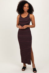 Black Red Striped Side Slit Maternity Maxi Dress