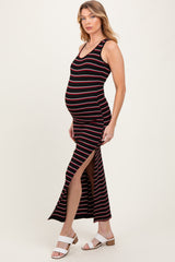 Black Red Striped Side Slit Maternity Maxi Dress