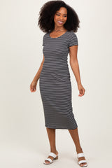 Black White Basic Stripe Rib Short Sleeve Dress