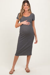 Black White Basic Stripe Rib Short Sleeve Maternity Dress