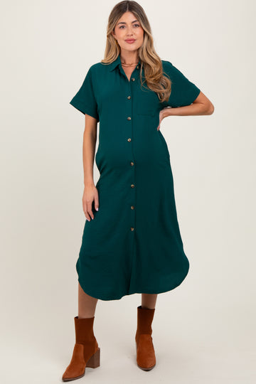Hunter Green Button Down Front Pocket Maternity Midi Dress