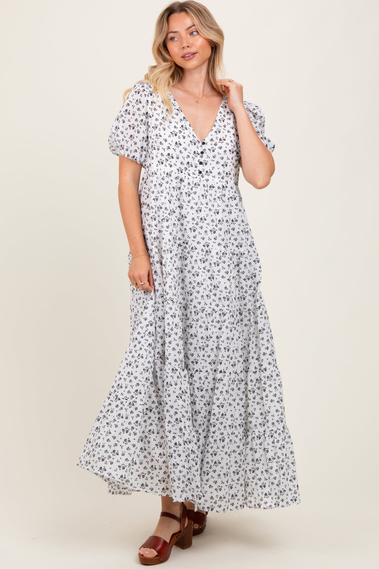 Ivory Tiered Floral Maxi Dress