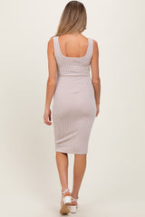 Beige Ribbed Fitted Sleeveless Maternity Dress
