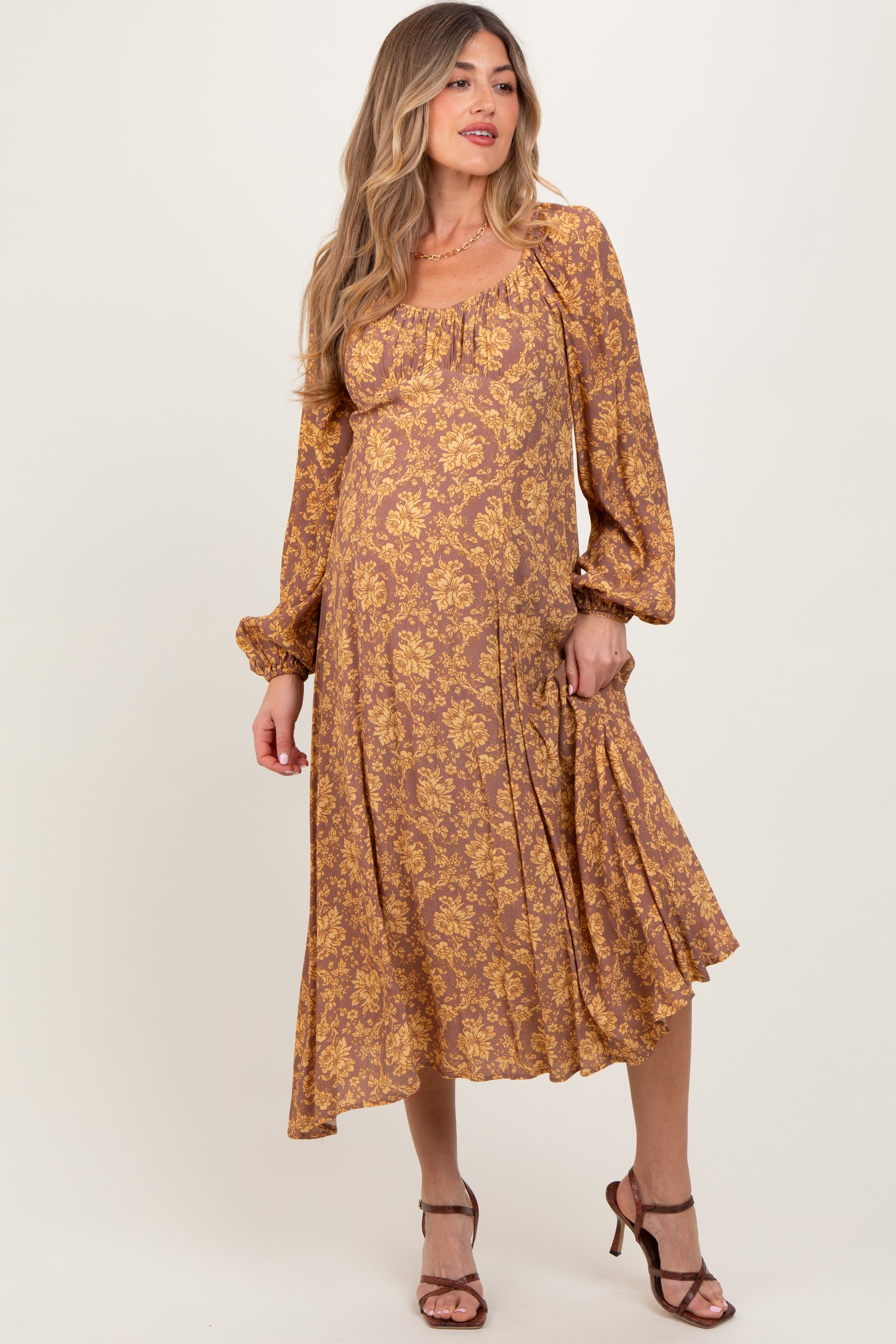 Camel Floral Long Sleeve Maternity Dress