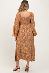 Camel Floral Long Sleeve Maternity Dress