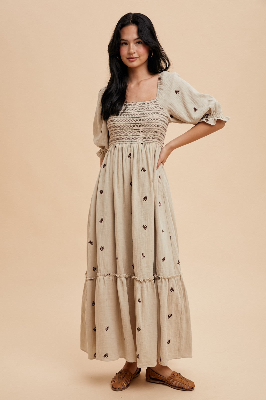 Taupe Gauze Smocked Embroidered Square Neck Maternity Midi Dress