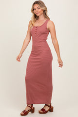 Burgundy Striped Button Front Sleeveless Maxi Dress