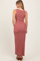 Burgundy Striped Button Front Sleeveless Maxi Dress