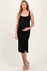 Black Ribbed Knit Low Back Maternity Midi Dress