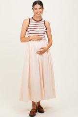 Cream Contrast Striped Bodice Sleeveless Maternity Maxi Dress