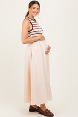 Cream Contrast Striped Bodice Sleeveless Maternity Maxi Dress