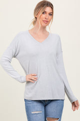 Heather Grey Basic V-Neck Long Sleeve Brushed Knit Maternity Top