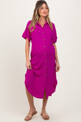 Fuchsia Button Down Front Pocket Maternity Midi Dress