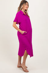 Fuchsia Button Down Front Pocket Maternity Midi Dress