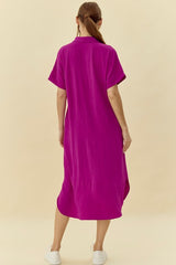 Fuchsia Button Down Front Pocket Midi Dress