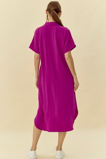 Fuchsia Button Down Front Pocket Midi Dress