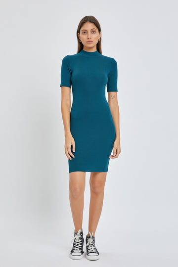 Deep Teal Ribbed Mock Neck Dress